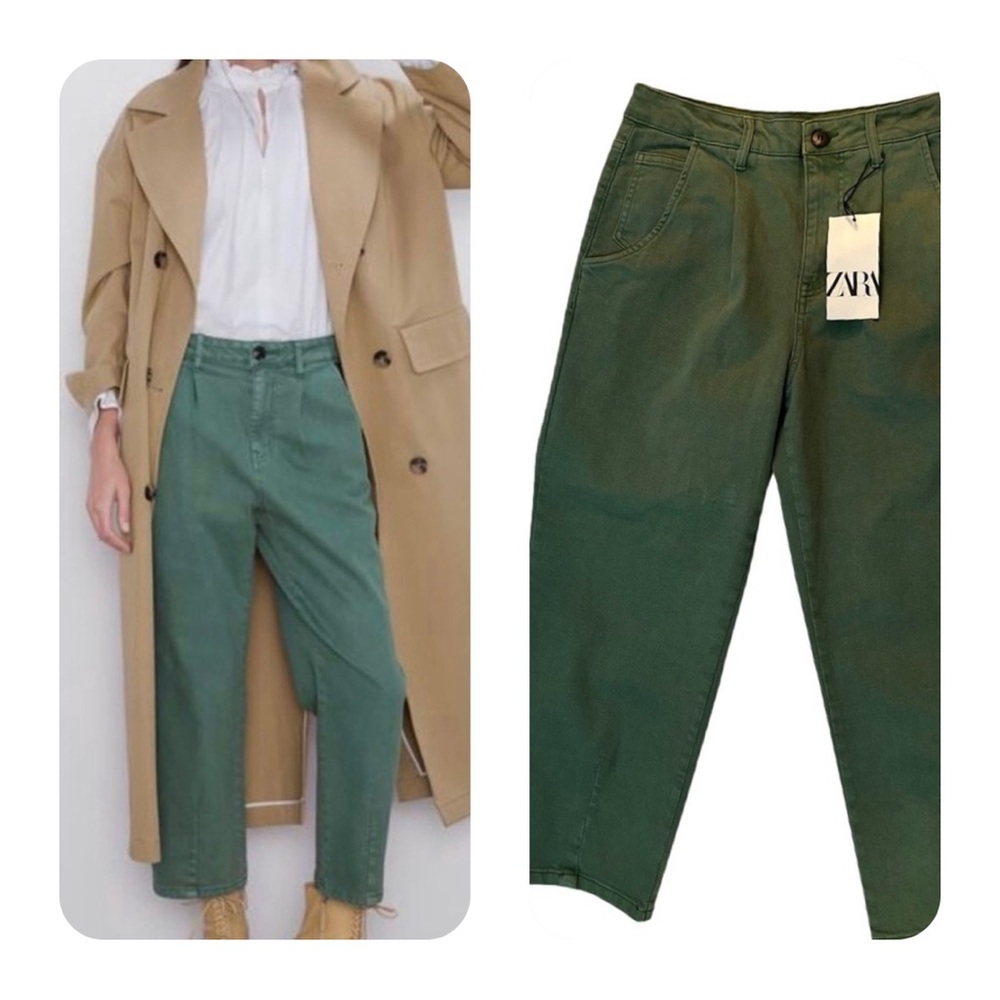 Zara high waisted pleated jeans new with tags cropped green denim super cute